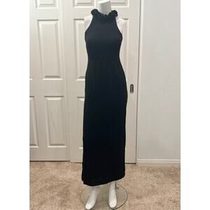Vintage 70s thick knit black sleeveless dress ruffled neck with open back XS